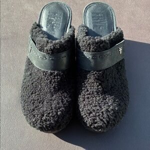 Frye Black Fuzzy Slip-On Clogs